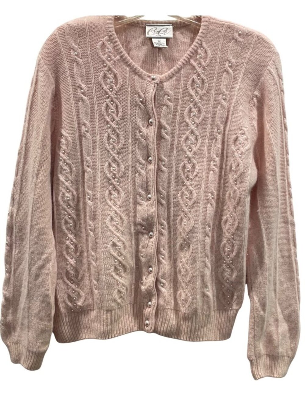 Vintage Wool Angora Cardigan Sweater PL Pink Pearl Bead Quiet Luxury Cottagecore